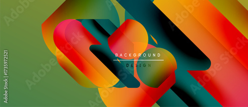 Abstract vibrant layers overlap. Green background contrasts with orange, red, teal shapes. Modern design elements create dynamic visual effect.