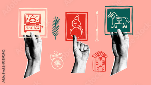 Christmas collage with vintage element. Halftone hands holding festive hand drawn music box, snowman, and a horse. Graphic xmas element