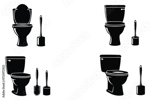 Vector art of toilet and brush icon set collection of toilet bowl and cleaning brush symbols for bathroom designs and hygiene related projects