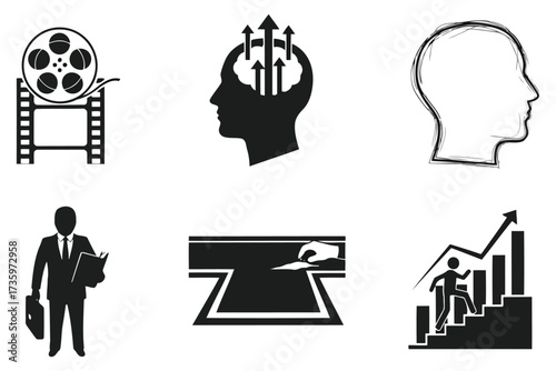 Vector art of business and growth icon set collection of film reel, head with arrows, and business growth symbols for business and personal development