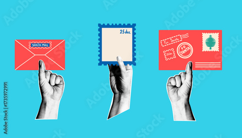 Festive retro collage. Halftone hands and Christmas mail. Red envelopes and a blank stamp. Holiday design