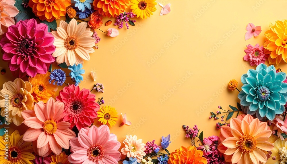 Obraz premium A vibrant yellow background adorned with an array of colorful flowers in shades of pink, blue, and orange, interspersed with lush green leaves.