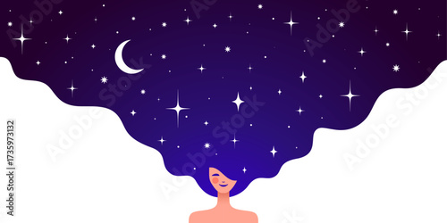 Dream universe flows through woman figure, girl with cosmic night sky in hair. Woman dream vision shines, girl in flat style, universe dream surrounds woman girl cosmos. Vector Illustration