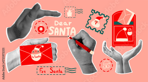 Set of retro collage elements with Christmas postal design. Halftone hands in vintage style with xmas mailbox, letter and stamps