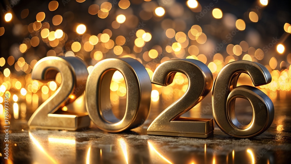 Obraz premium Golden 2026 New Year Celebration with Sparkling Lights and Elegant Reflections a Festive and Luxurious Design for Holiday Greetings and