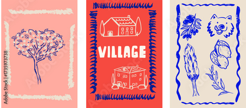 Mediterranean illustration set. Travel posters or cards. Italian hand drawn elements, village, fruit tree, lemons and olives in a naive style.