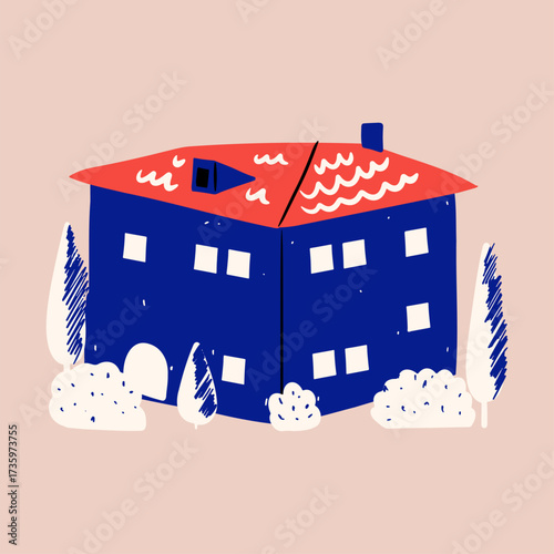 Colorful house with windows, cypress trees, bushes. Hand-drawn vector design.