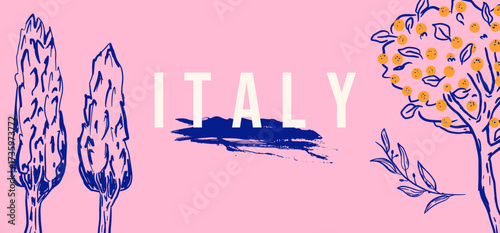 Italian naive style banner with cypresses and orange trees. Mediterranean background. Vector illustration.