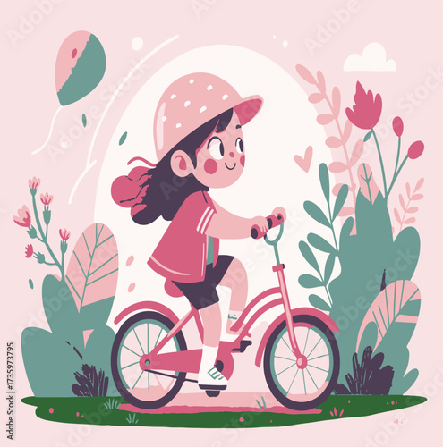 3D character, girl with bike, cartoon style, pink and purple