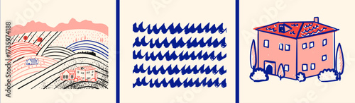 Hand-drawn summer postcards set. Summer landscape collection. Design vacation cards, posters.