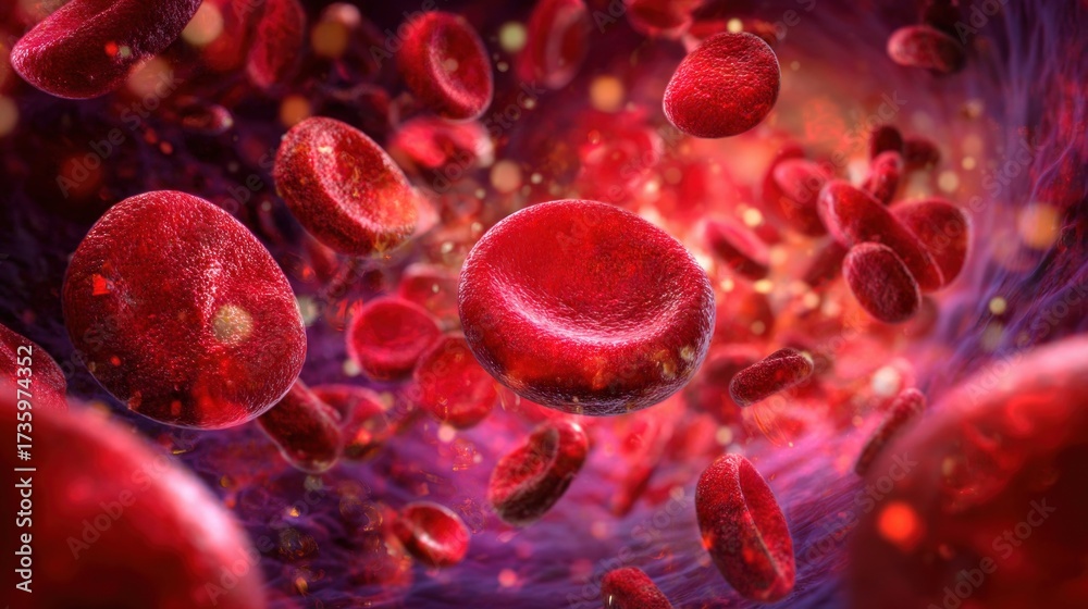 Fototapeta premium Microscopic background of red blood cells flowing inside blood vessels with scattered bacteria, detailed biological visualization, vibrant crimson and plasma tones, realistic cellular textures.