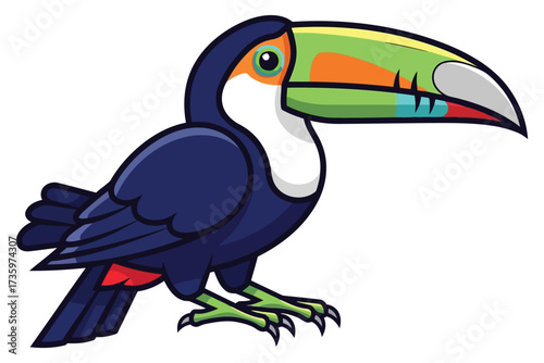 Vector art of colorful cartoon illustration of a toucan bird, showcasing its vibrant plumage and distinctive beak in a playful design