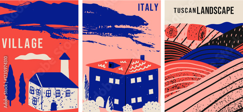 Village and nature trendy hand drawn Tuscany Italy posters set. Rough blue and red landscape buildings cards. Graphic art design. Travel vector collection