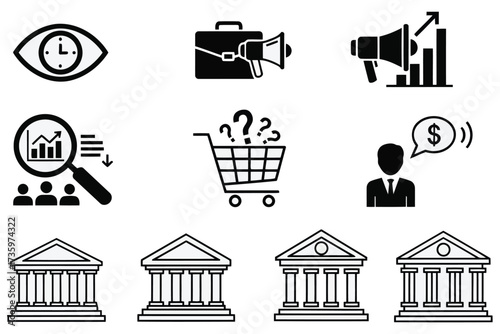 Vector art of collection of black and white business icons, including marketing, finance, and banking symbols for various commercial applications