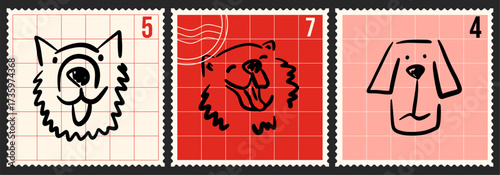 A set of cute vintage stamps with dog faces in a quick sketch style. Vector animal print elements.