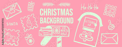 Christmas postcard, envelope, Mailbox. Festive background. Doodle holiday vintage element.