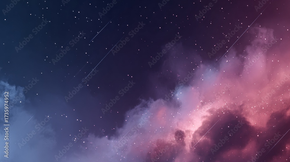 Fototapeta premium Minimal cosmic storm background, simple dark outer space with soft glowing nebula clouds, subtle light streaks and faint stars, clean abstract composition, modern flat aesthetic, high-resolution.