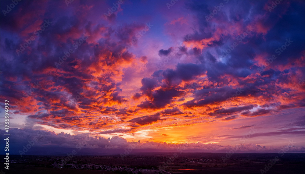 Fototapeta premium Dramatic Sunset Sky With Vibrant Clouds Beautiful Shades Of Purple Violet And Orange Across The Sky Serene Backdrop With Natural Beauty