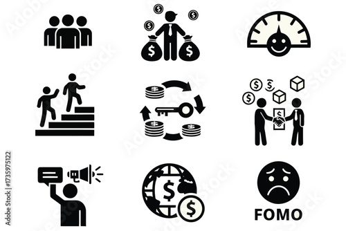 Vector art of various business and finance icons depicting teamwork, investment, growth, and fear of missing out, perfect for illustrating financial concepts