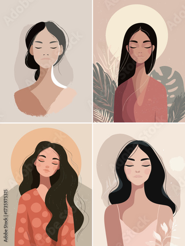 Four artistic portraits of women with peaceful expressions and various hairstyles. Each woman has a unique outfit and background, emphasizing individuality and beauty.