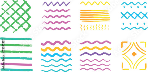 Expressive brushstrokes forming playful patterns, evoking childlike wonder and creativity on a crisp white background with a minimalist touch.