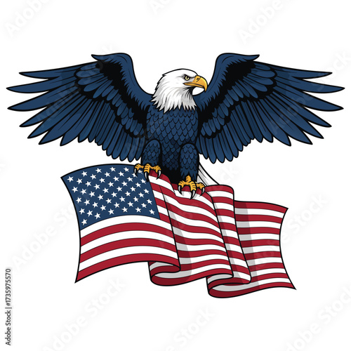 American bald eagle perched atop a waving american flag icon