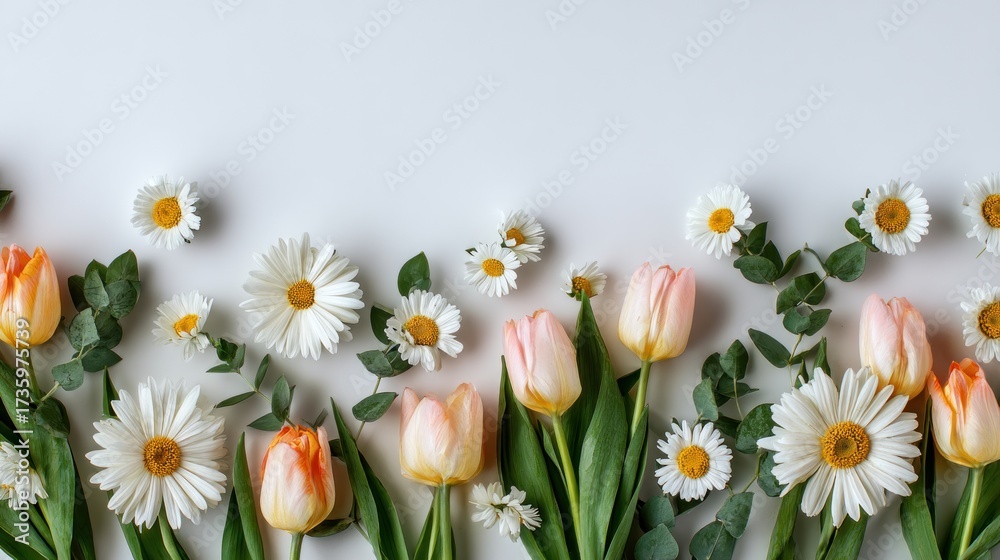 Obraz premium Minimal flower background, clean white backdrop with neatly arranged daisies and tulips, soft pastel tones, subtle green leaves, modern flat lay composition, professional advertising aesthetic.