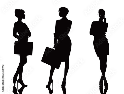Three women in professional clothing stand in silhouette, showcasing their confidence and poise. Each carries a briefcase, indicating a business environment.