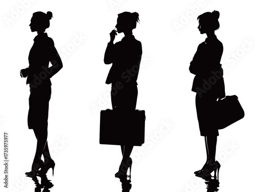 Three businesswomen in professional attire are seen in silhouettes against a sunset background. They are engaged in different poses, showcasing confidence and strength.