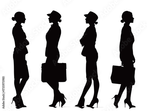 Four silhouettes of businesswomen stand in various poses, showcasing professionalism. They wear tailored suits and carry briefcases, demonstrating confidence and poise.