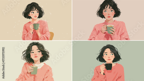 A young woman with a chic bob hairstyle holds warm drinks in various cozy settings. She appears reflective and content, showcasing different moods throughout the day.