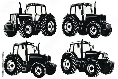 Vector art of collection of tractor illustrations in black and white includes various angles and styles for agricultural themes