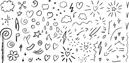 Hand-drawn doodles with swirling lines, hearts, stars, and joyful clouds in a whimsical sketchbook style.