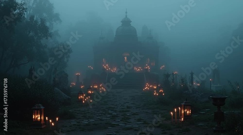 cinematic shot of fog rolling across abandoned Slavic shrine