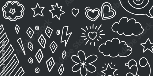 A whimsical doodle pattern of floating clouds and playful stars evoking childhood dreams set against a dark textured background.