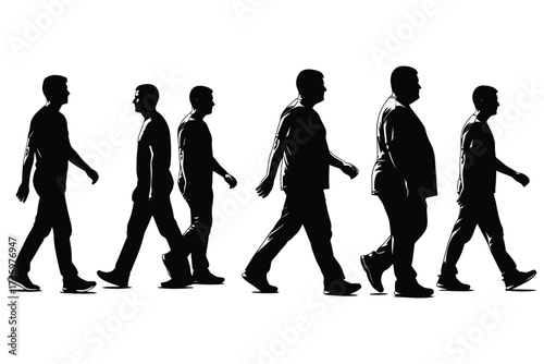 Vector art of a diverse group of people walking in silhouette, showcasing different body types and postures, suggesting a community or journey