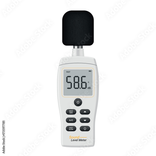 Illustration of a portable sound level meter used to measure sound levels in decibels during a routine assessment in a quiet environment.