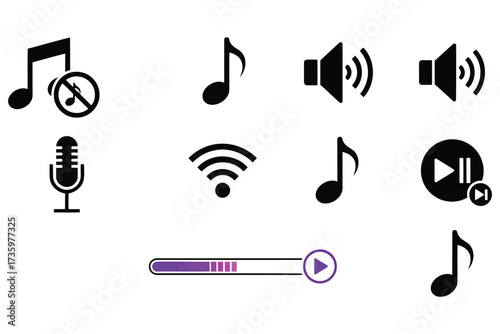Vector art of set of music and sound icons includes music note, mute, speaker, microphone, wifi, play button, and volume control icons