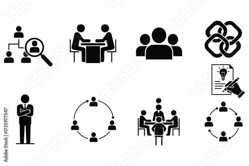 Vector art of set of business and management icons includes organization, meeting, team, network, idea, and collaboration icons