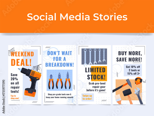 Social media advertising templates featuring special deals on home improvement tools in a vibrant, engaging color palette. Ideal for businesses looking to increase sales.
