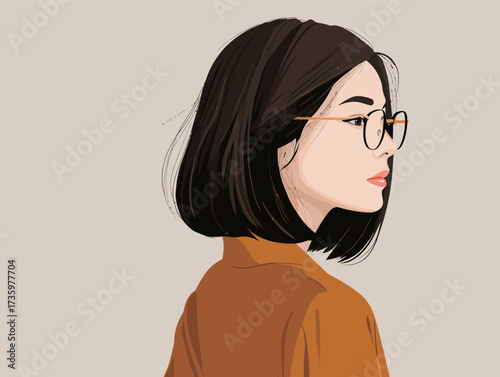 A young woman with a bob haircut and glasses is depicted in a minimalist style. She gazes thoughtfully to the side, showcasing her calm demeanor.