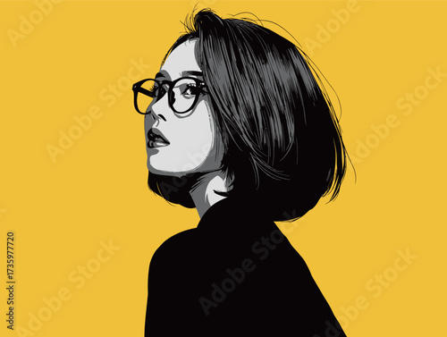 A woman with short, dark hair and stylish glasses looks thoughtfully to the side. The bright yellow background enhances her striking features and modern style.