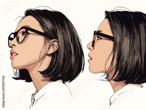 A woman with a chic bob hairstyle and stylish glasses is shown in profile. She displays a serene expression, highlighting her features in a minimalist artistic style.