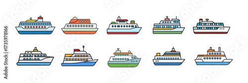 Diverse collection of vector cruise ship icons and illustrations