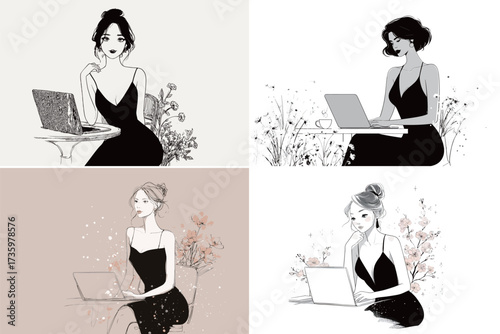 Four elegant women are shown seated with laptops, immersed in work. Each scene is set against a backdrop of flowers, highlighting creativity and productivity.
