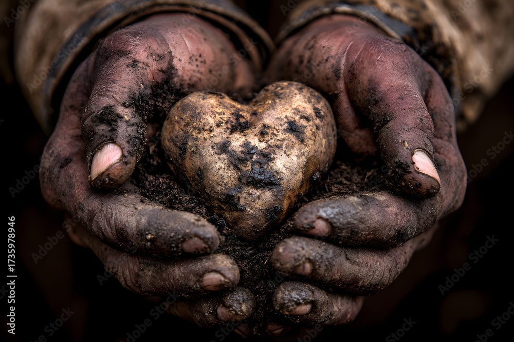 Obraz premium A heartshaped potato, caked in mud, rests in the weathered hands of a farmer, representing dedication to the land