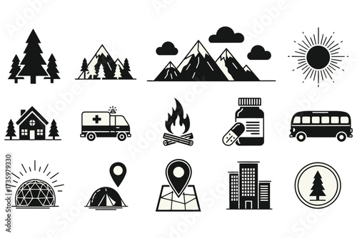 Vector art of a collection of black and white camping and nature icons featuring a tree, mountain, sun, house, ambulance, fire, pill bottle, bus, dome, tent, map pin, and building