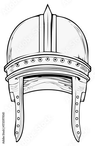 Detailed ancient warrior helmet illustration with pointed crest and riveted brow band featuring protective cheek pieces graphic art