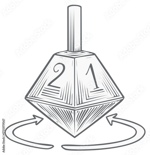 Rotating Dreidel Illustration with Arrows, Featuring the Numbers One and Two