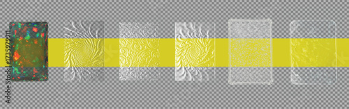 Collection of transparent plastic wrap textures with crumpled surface and yellow background. Realistic cellophane effect for overlay, mock up or package design.
